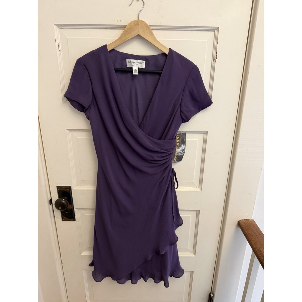 Donna Ricco Vintage Women's Purple Silk Faux Wrap Dress Cocktail Size 10P New
